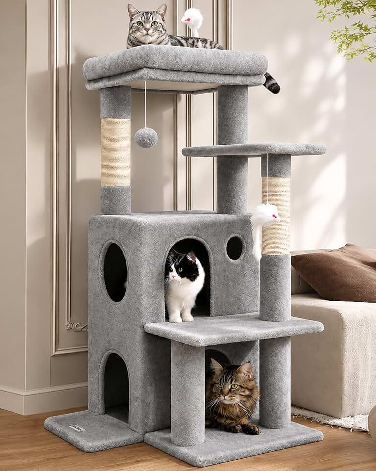 Globlazer Cat Tree Tower for Indoor Cats Large Adult, FC50, Light Grey | 50-inch Adult Cat Tree House with Steps, Scratching Post, 2 Cat Caves, Dangling Toys Global Recycled Standard
