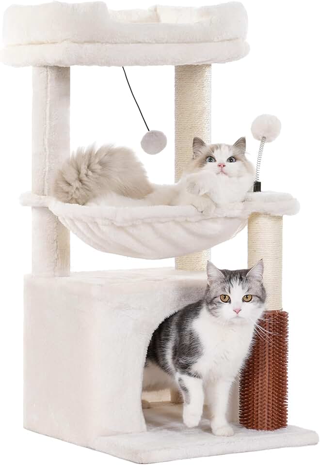 Cat Tree 32” Small Cat Tower with Large Hammock 16”&amp; Self Groomer | Compact Cat Tree with Hammock 16” Dia, Removable Bed, Scratching Post &amp; Self Groomer Small Cat Tree for Indoor &amp; Adult Cats