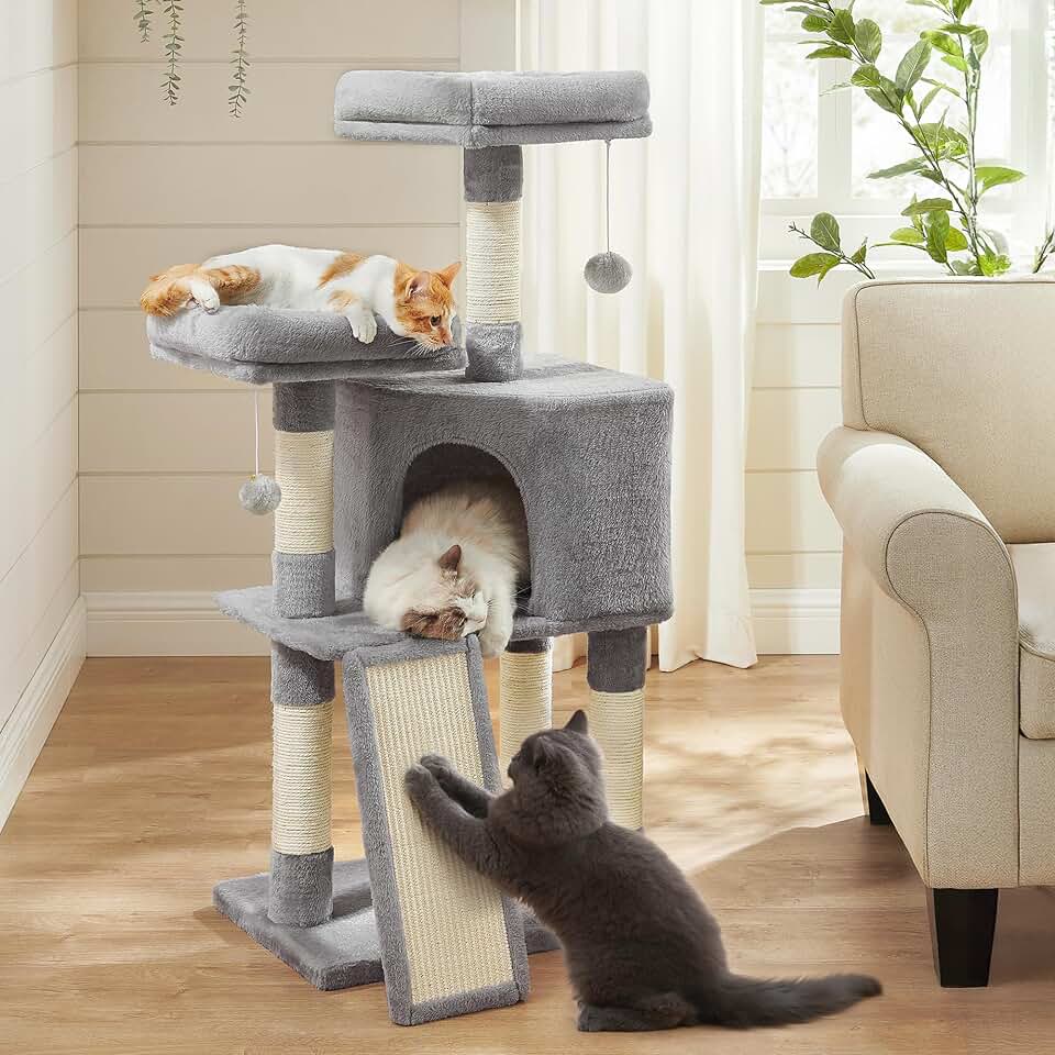 Feandrea Cat Tree, 45.3-Inch Cute Cat Tower, Climbing Condo, Light Gray | with 4 Sisal Scratching Posts, 2 Perches, Spacious Cave, Scratching Ladder, Plush Toy Balls for Indoor Cats, Easy to Assemble