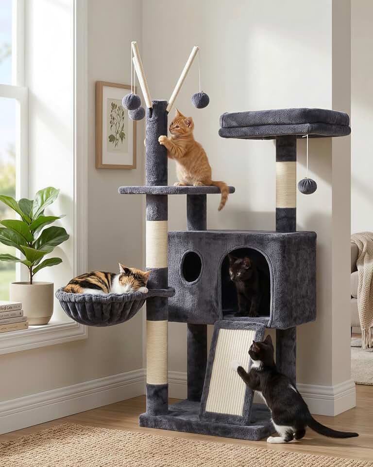 Hey-brother Cat Tree Tower with Removable Toys, Scratching Posts, MPJ008SG | 41.3 Inches Plush Cozy Condo with Platform, Hammock, Sisal Scratch Board and Ball for Indoor Cats, Smoky Gray Global Recycled Standard