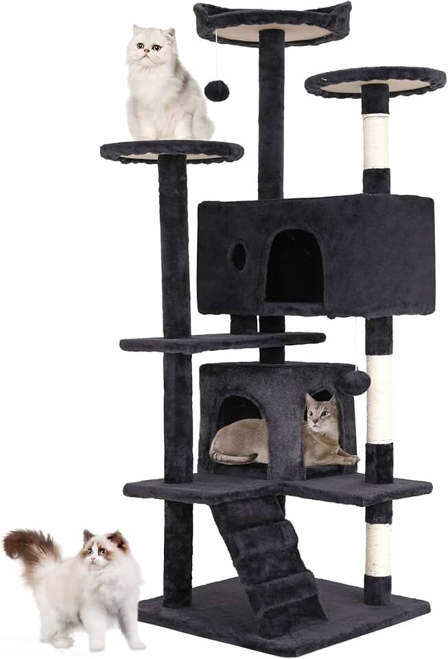 BestPet | 54" Cat Tree Tower | Dark Gray | Sturdy Multi-Level Cat Tree | with Plush Condo, Cozy Perch, Sisal Scratching Posts, Hanging Toy and Hammock | Easy Assembly | for Kittens &amp; Adult Cats