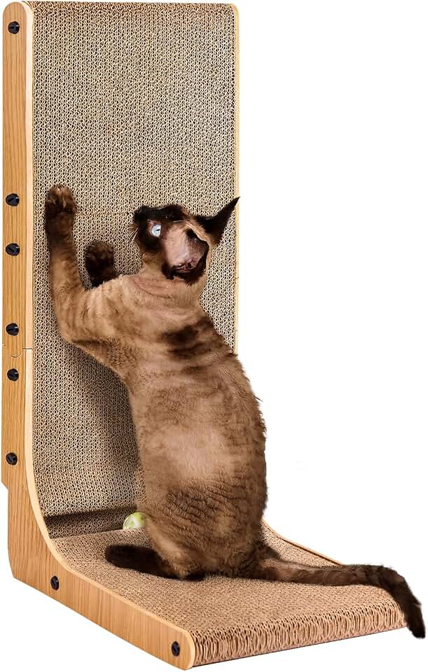 EHEYCIGA Cardboard Cat Scratcher for Indoor Cats, 26.8 Inch, Brown | L Shaped Scratching Post, Vertical Cat Scratching Board with Ball Cat Toy, Furniture Protector, Large Cat Scratch Pad