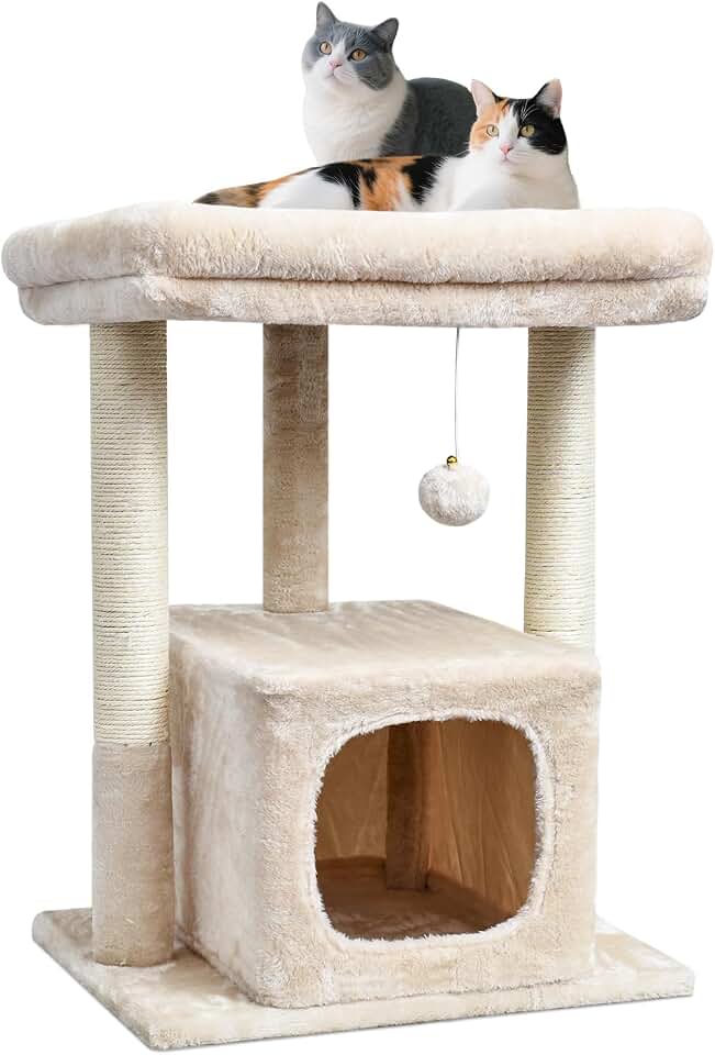SYANDLVY 27" Cat Tree for Indoor Cats, Activity Tower with Scratching Posts | Modern Kitten Condo with Plush Perch &amp; Hanging Ball for Play, Beige