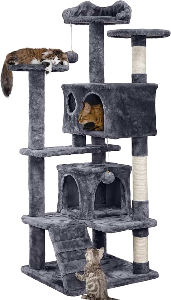 Yaheetech 54in Cat Tree Tower, 2 Caves, Kitten-Ear Perch &amp; Scratching Posts | Multi-level layout, climbing ladder, easy assembly, high pet appeal, total load 66lbs for all indoor cats, dark gray The Forest Stewardship Council