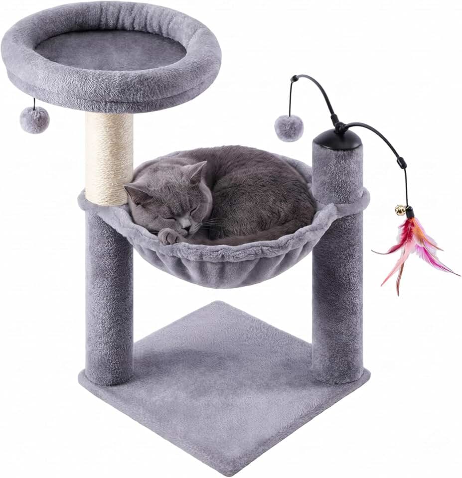 Cat Tree Tower for Kitten,with Cat Hammock and Cat Scratching Post,Grey | Activity Center with Plush Perches, Playful Toy Balls, for Indoor Cats, Sturdy, Easy to Assemble