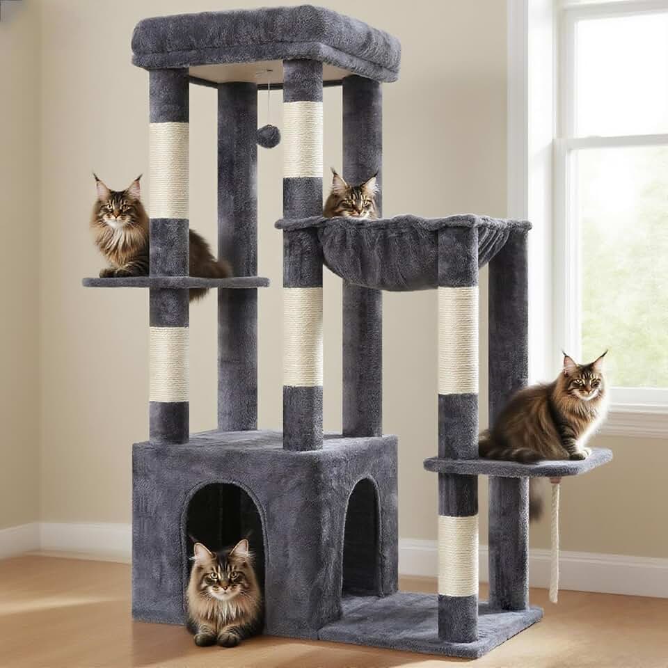 Heybly Heavy Duty Cat Tree with Large Base for Large Indoor Cats HCT026G | Cat Tower with Scratching Posts, Tall Cat Condo House , Multi-Level Plush Furniture with Hammock &amp; Toy Balls, Smoky Gray Global Recycled Standard