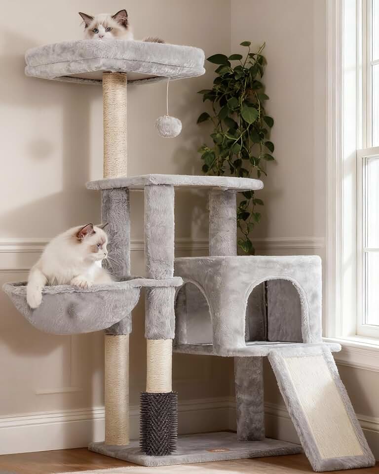 Heybly Cat Tree with Cat Self Groomer Brush, 42.5 inch HCT005SW | Cat Tower Condo for Indoor Cats with Padded Plush Perch, Cat House with Basket Scratching Board Post, Light Gray Global Recycled Standard