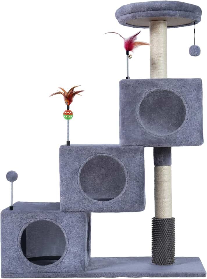 Cat Tree Tower for Indoor Cats 12lbs, Cat Tree with 3 Spacious Cat Houses &amp; Condos, Full Sisal Scratching Posts and Cat Scratcher Toys，Grey