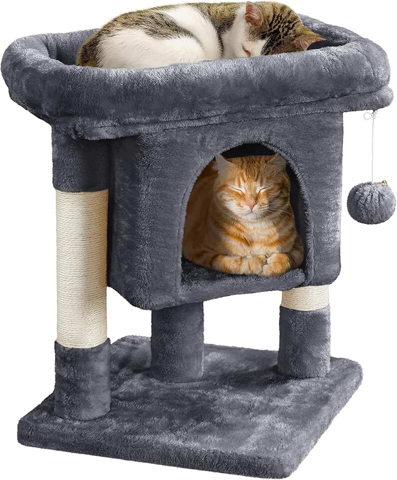 Yaheetech 23.5in Small Low-Profile Cat Tower with Scratching Posts | Space-saving 16x16in base, soft plush cover, solid particleboard frame, fits tiny apartments, dark gray The Forest Stewardship Council