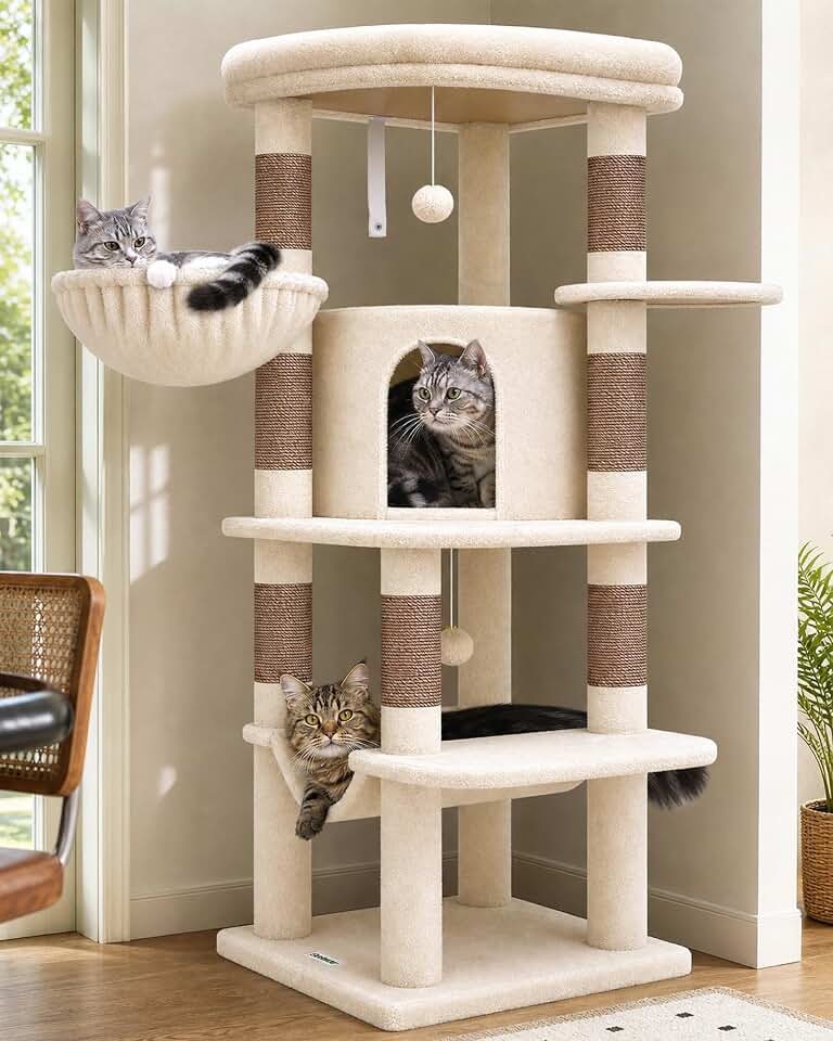 Globlazer Corner Stable Cat Tree Tower with Scratching Post, C51, Beige | 51in Space-Saving Multi-Level Cat Condo for Indoor Cats with Hammock, Large Top Perch for Large Cats, Cozy Cat Cave Global Recycled Standard