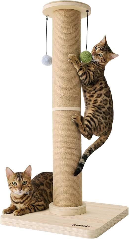 ZOMISIA 35'' Tall Cat Scratching Post for Indoor Cats Adults | 4.7'' Large Scratch Post, Thicken Wooden Base, Sisal Scratcher Top &amp; Dangling Balls, Super Sturdy