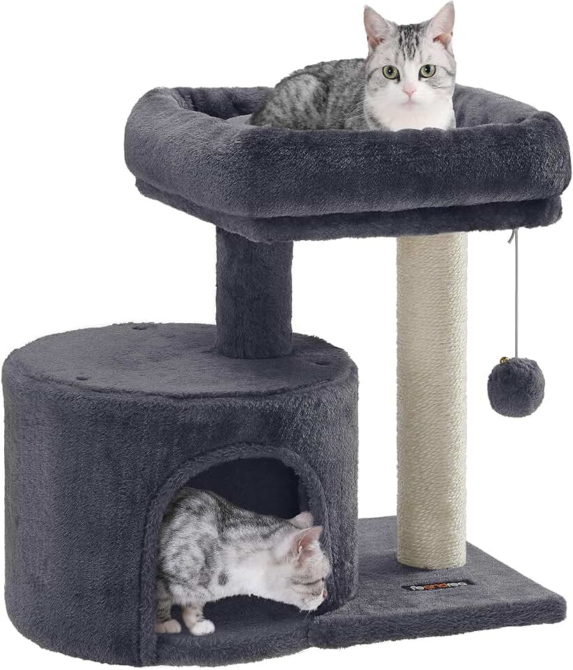 Feandrea Cat Tree, 18.5-in Small Cat Tower, Cute Kittens Condo, Smoky Gray | for Small Space Room, with Sisal Scratching Posts, Large Padded Perch, Spacious Cave, Toy Ball, Easy to Assemble