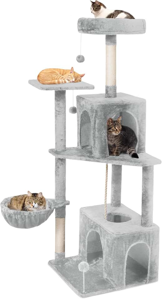 54 Inch Multi-Level Cat Tree Tower with Hammock, Condos &amp; Scratching Posts, Large Cat Furniture for Indoor Cats with Pompoms, Light Grey