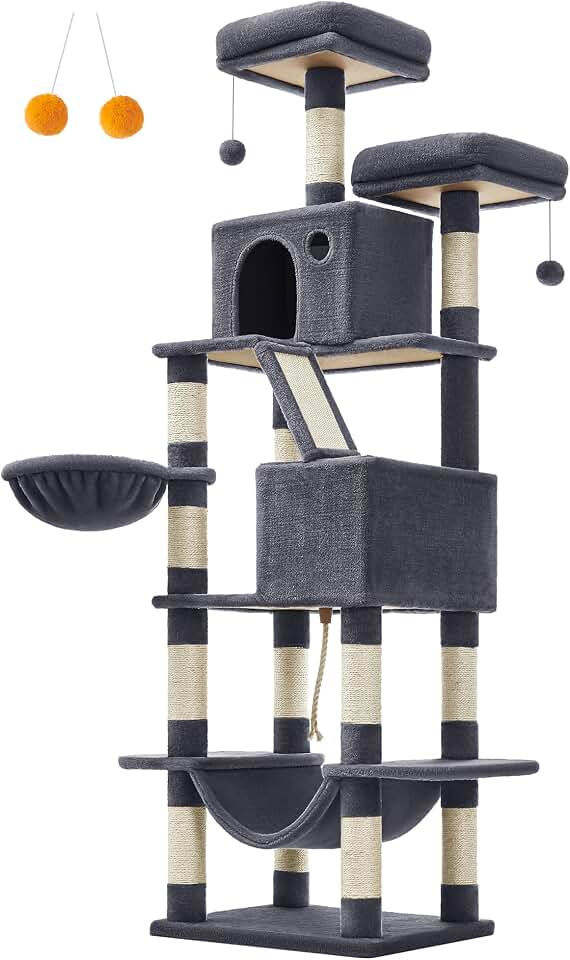 Feandrea Cat Tree, 81.1-Inch Large Cat Tower, Multi-Level Condo, Smoky Gray | with 13 Sisal Scratching Posts, 2 Perches, 2 Cave, Hammock, Basket, Pompoms for Indoor Cats, Easy to Assemble, UPCT190G01 The Forest Stewardship Council