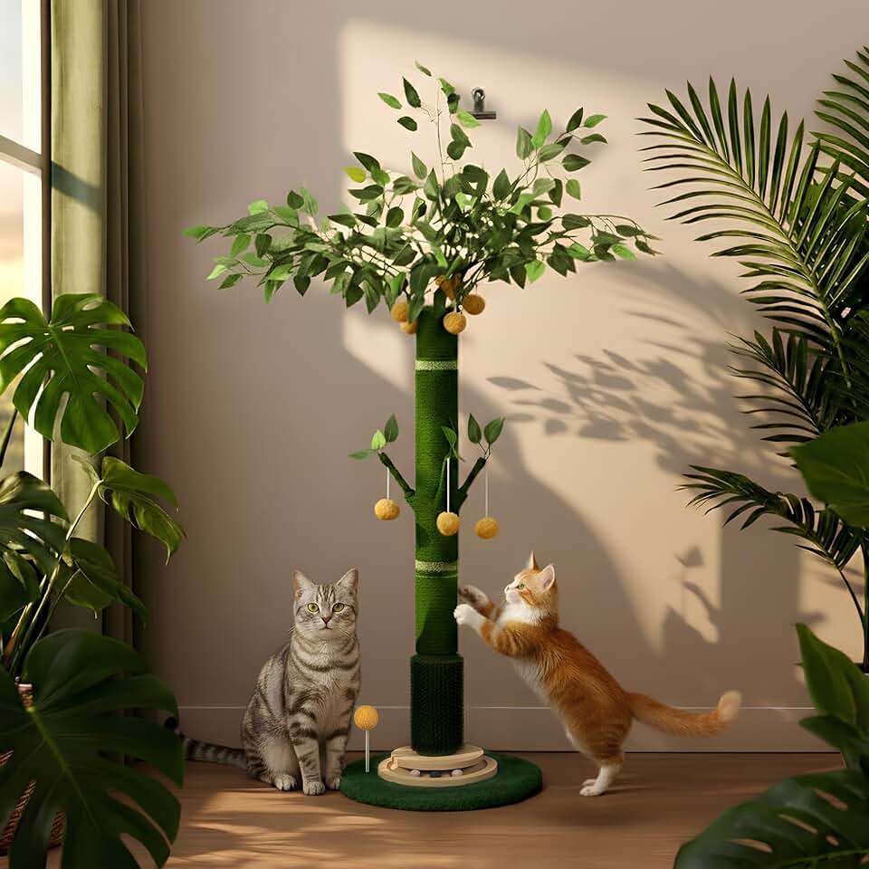 46" Extra Tall Cat Scratching Post for Large Cats, Sisal Rope | Heavy duty vertical sisal scratcher &amp; stable climbing pole with hanging ball, tall post for adult cats full body stretch