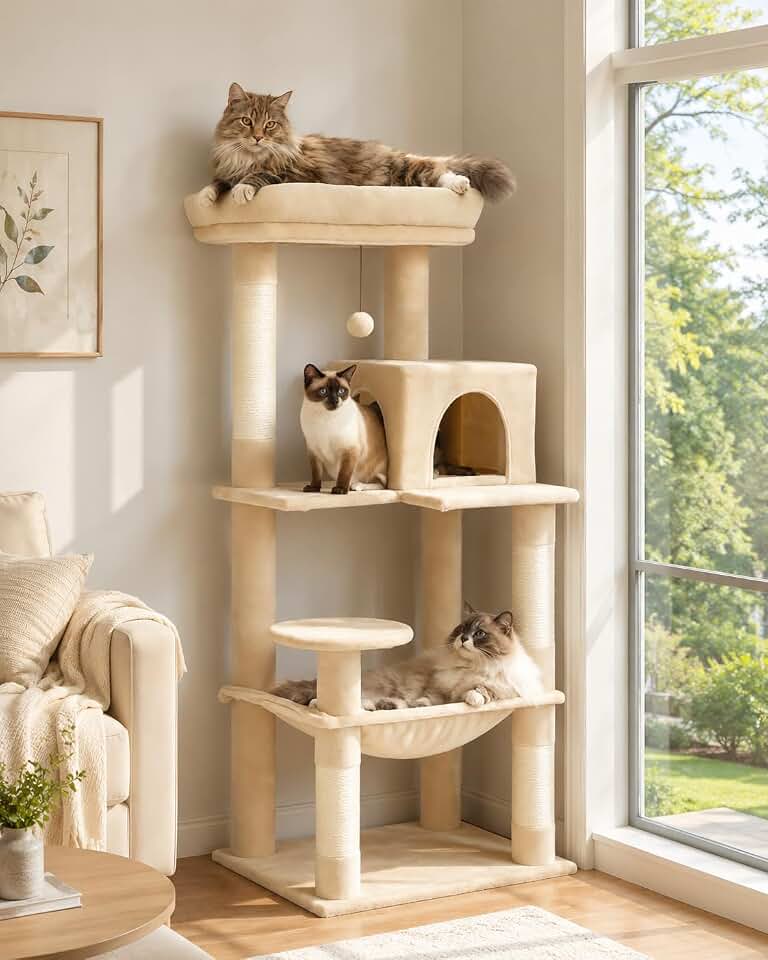 MUTTROS Cat Tree for Large Cats Adult with Metal Plush Big Hammock, 56.3" Cat Tower with 2 Door Condo House, 6-Tier Cat Shelves with Scratching Posts and Large Top Perch, Beige The Forest Stewardship Council