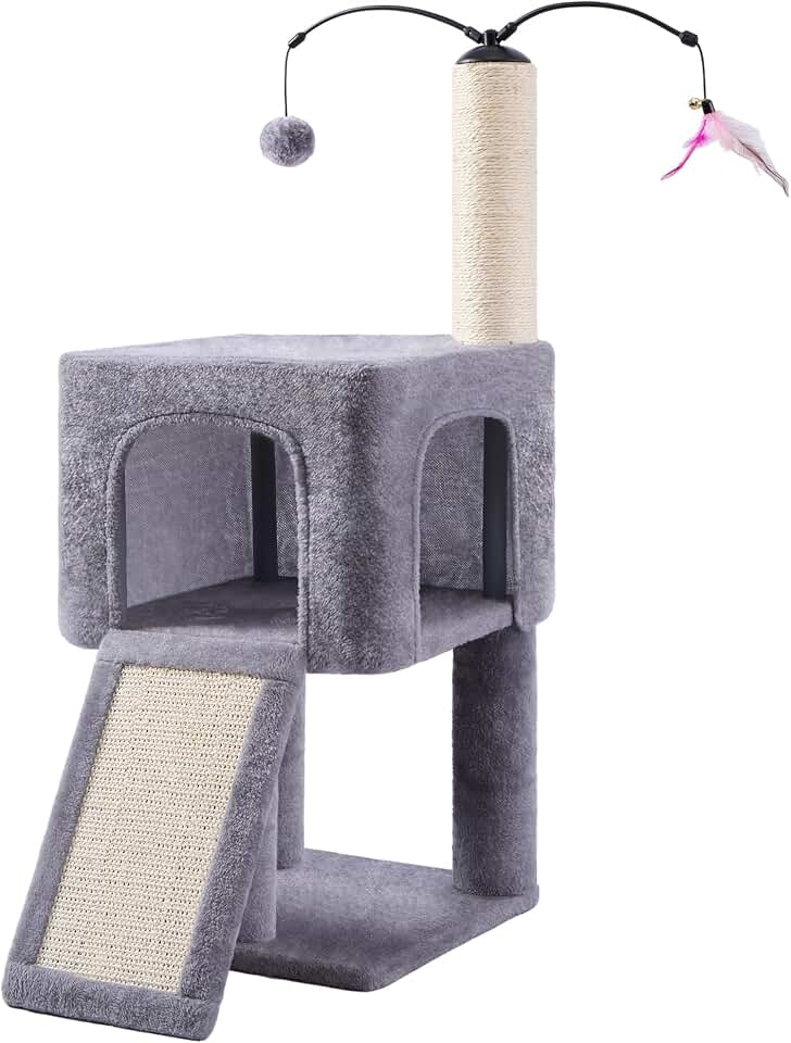 Roypet 32" Cat Tree for Indoor Cats, 2-in-1 Cat House with Sisal Scratching Post &amp; Ramp, 2-Level Cat Tower with Rotatable Feather &amp; Ball Toys, Stable Grey Cat Condo for Small/Medium Cats, Grey