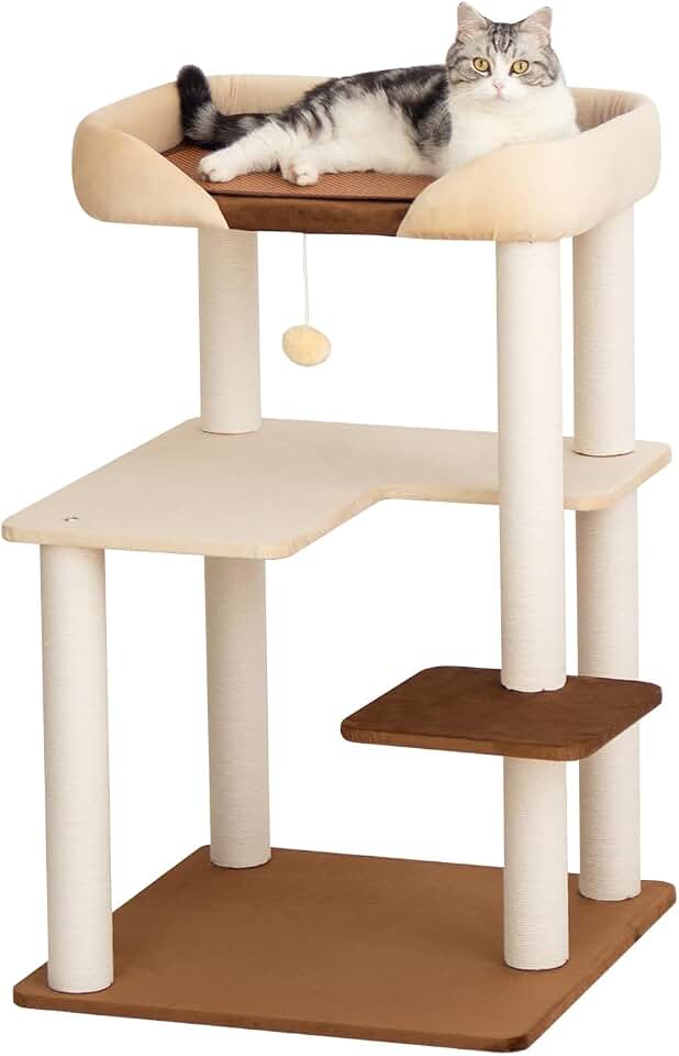 Cat Tree for Large Cats Modern Senior Friendly Wide Shelves 37.4'' | Wide shelves, cotton scratching posts, super sturdy base, cozy perch, interactive toys, luxury fabric