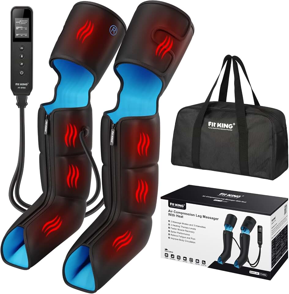 FIT KING Leg Compression Massager with Heat for Circulation and Pain Relief | FSA-HSA, Full Leg &amp; Foot Massage for Swelling Edema RLS, Pressure Sensor, LCD Display, 3 Modes &amp; Levels,Gift for Dad Mom Wife Global Recycled Standard