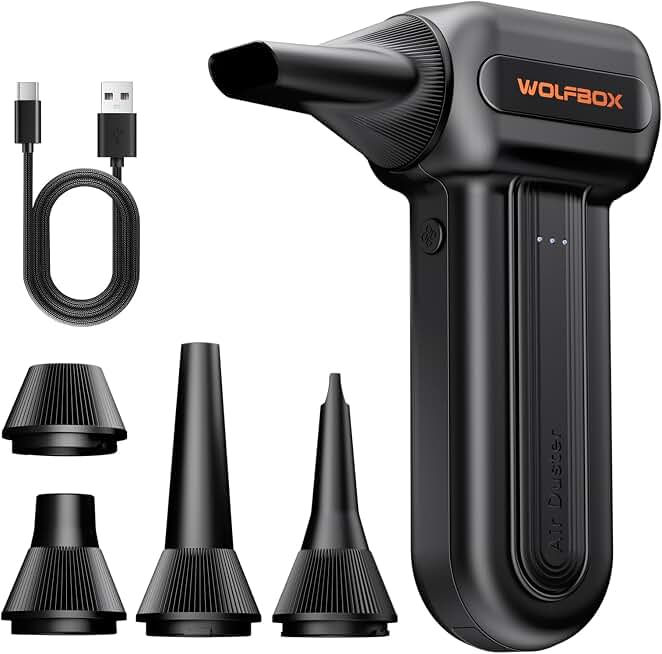 WOLFBOX MF60 Compressed Air Duster, 3-Speed Adjustable, Electric, Cordless | 110,000 RPM, Rechargeable, Air Blower, Fast Charging, PC Keyboard Cleaning, Car, Home, Black, 0.5 lb Lightweight