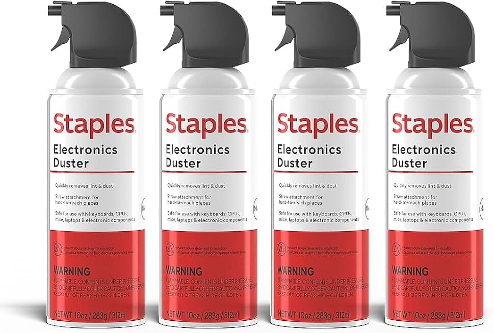 Staples Compressed Air Dusters, 10 oz. Cans, Electronics &amp; Office, 4-Pack | Blasts dust from keyboards, laptops, vents and hard-to-reach gear. 4 cans per pack.