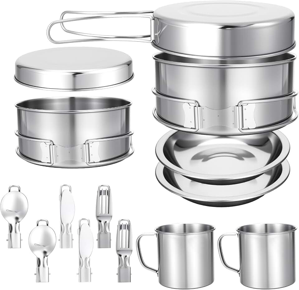 15 Pcs Camping Cookware Set, Stainless Steel Outdoor Camping Cooking Kit with Pot and Pan Cups Plates Forks Knives Spoons Kit for 1-2 Person Camping, Backpacking, Outdoor Cooking and Picnic