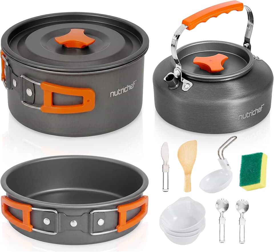 NutriChef Camping Cookware Set - Lightweight Nonstick Pots, Pans, Utensils, Bowls, Cutlery, and Cleaning Tools with Mesh Bag, Foldable Handles, Compact Outdoor Cooking Gear for Hiking &amp; Travel (Grey)