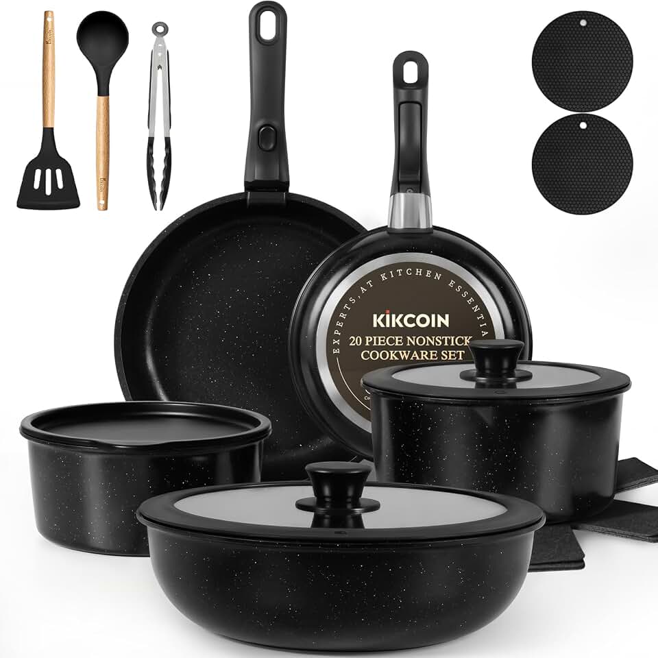 Nonstick Pots and Pans Set - 20 Pack KIKCOIN Stackable Cookware Set with Detachable Handle, RV Kitchen Cooking Set with Removable Handles - Oven Safe, Induction Ready (Black)