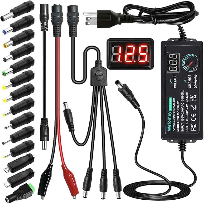 Wefomey Universal Power Supply Variable 3V~24V 3A 72W Multi Voltage Adapter | Adjustable AC DC Charger with 14 Tips, Polarity Converter, Alligator Test Leads and 4-Way Power Splitter Cable