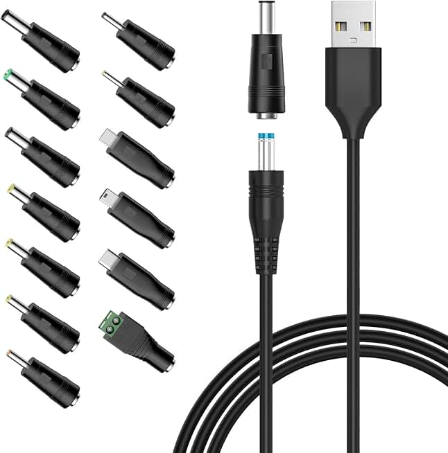 Powseed 5V Universal DC Power Cable, USB to DC Charging Cord with 13pcs Adapter Plugs for Webcam Router, Recorder, Bluetooth Speaker, Scanner, DVR, Hard Disk Box, USB-HUB etc.
