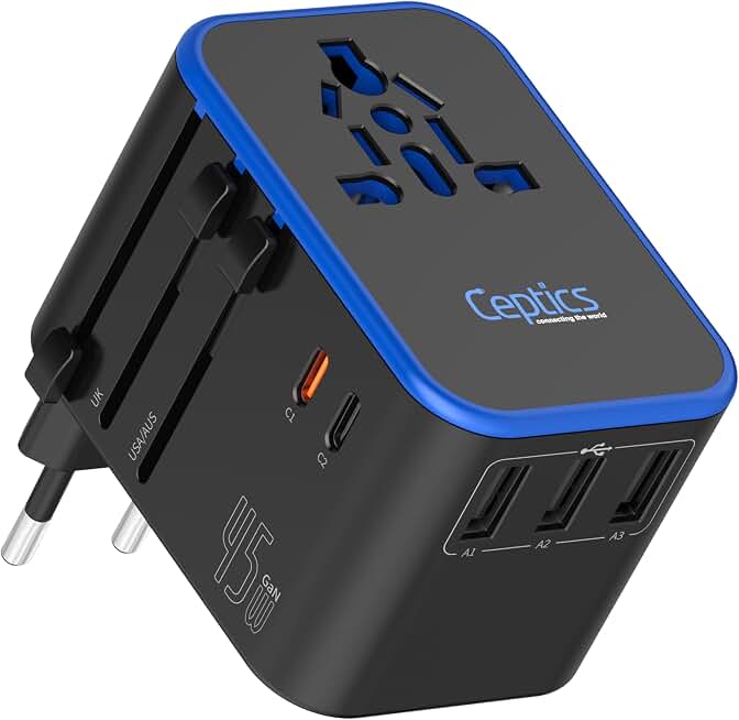 Ceptics 45W Universal Travel Adapter w/ 3 USB-A, 2 USB-C &amp; Universal Input | International Power Adapter, Type A, C, G &amp; I Plugs, Universal Socket for Global Compatibility, PD 45W Fast Charge