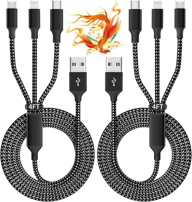 Travel Essentials Multi Charging Cable, USB Cable Universal Charger, 2Pc4FT | 3 in 1 Phone Charger Cord with Type-C, Micro USB, L Port, Travel Charger for iPhone 17-8/Android, Car Camping Essentials
