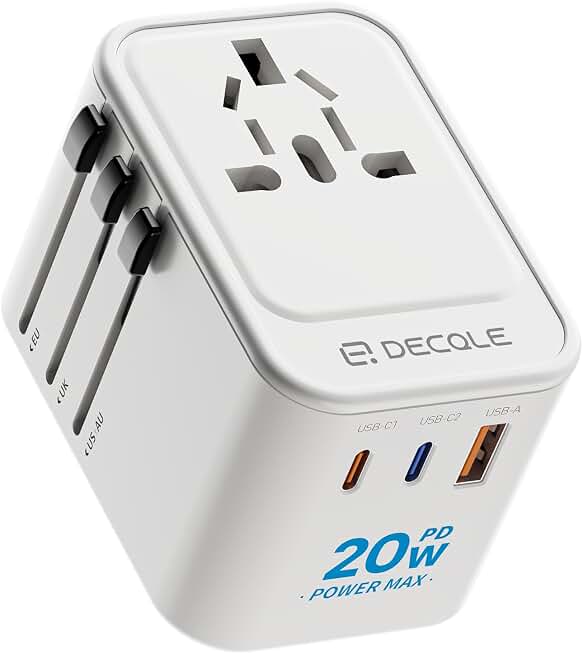 Universal Travel Adapter, 2 USB-C ＆ 1 USB-A, Cover 200+ Countries | PD 20W, International Plug Adapter, All in One Portable Adapter, NOT A Voltage Converter, for USA, UK, EU, AU (White) ClimatePartner certified