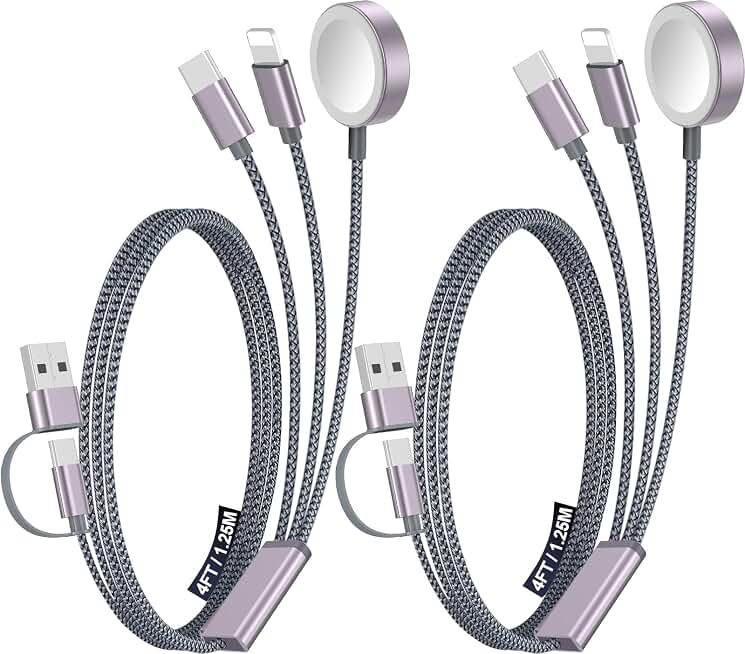 2Pack Travel Essentials for Apple Watch Charger,3-in-2 Multi Charging Cable | Cruise Vacation Camping Essentials for iPhone Charger,Type C/Lightning for iWatch,iPhone 17-12,Xbox Series X&amp;S-4FT Gray ClimeCo Certified
