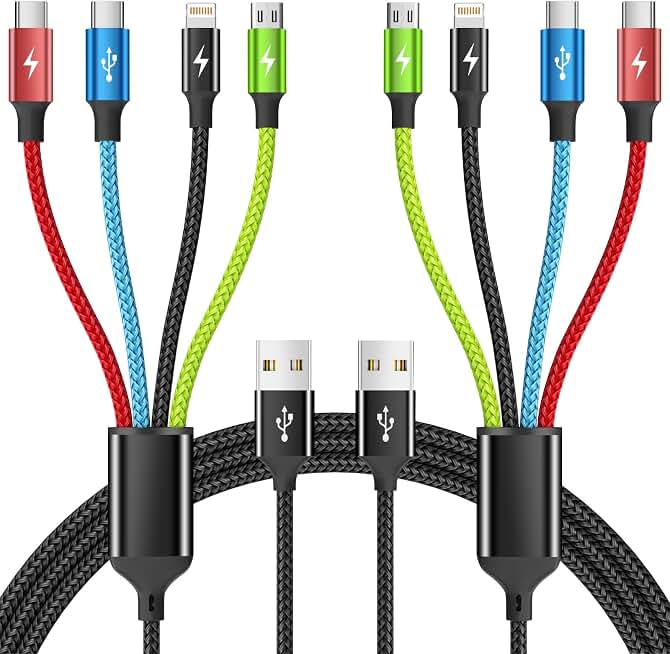 4 in 1 Multi Charging Cable, 2 Pack 5FT Charging Cords for Multiple Devices | USB Cable Phone Charger with USB C, IP and Micro, Nylon Braided, Cruise Essentials 2026, Travel Car Accessories