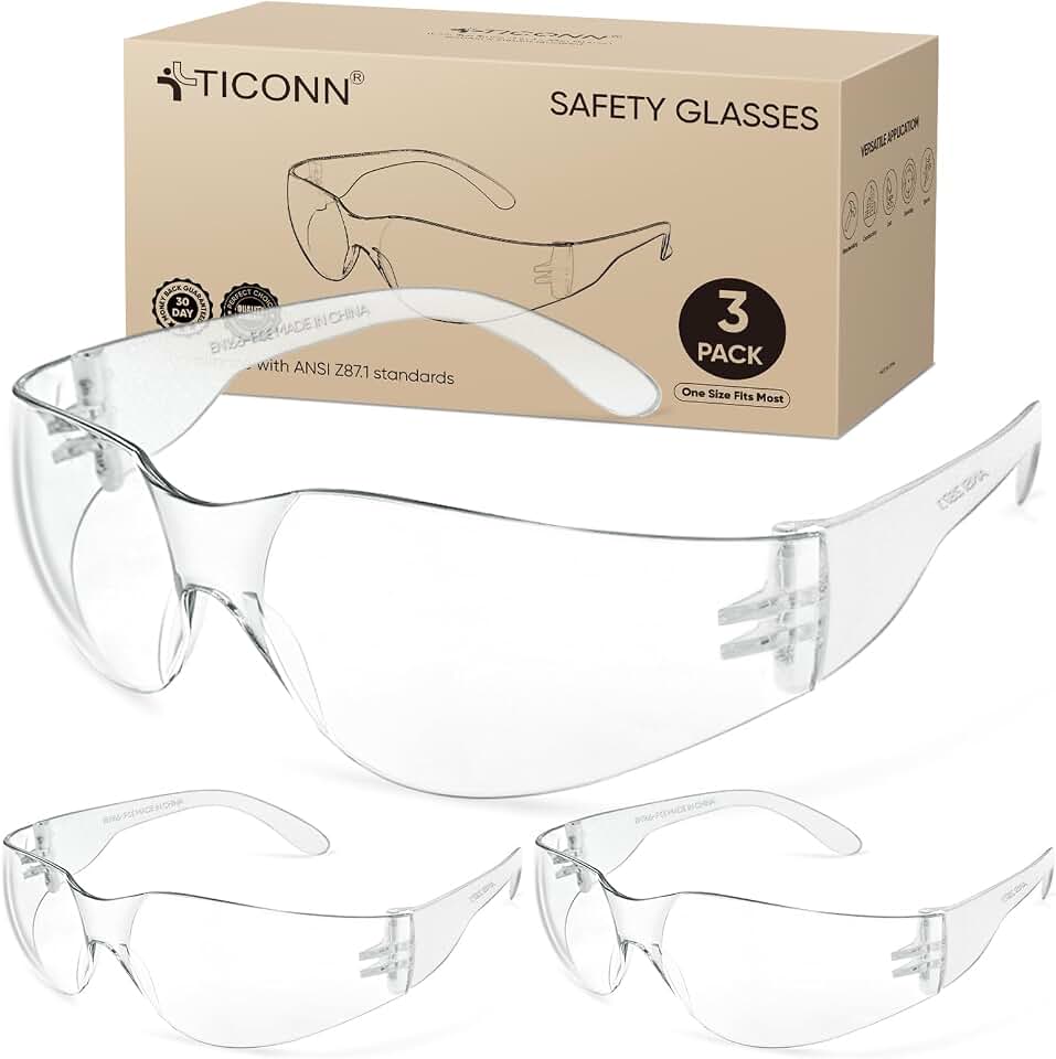 TICONN Clear Safety Glasses for Men &amp; Women, ANSI Z87.1 Safety Goggles | UV400 Protection, Scratch-Resistant Lenses, Impact Resistance, Lightweight Comfort Fit, Perfect for Construction, Cycling