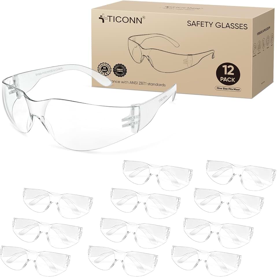 TICONN Clear Safety Glasses for Men &amp; Women, ANSI Z87.1 Safety Goggles | UV400 Protection, Scratch-Resistant Lenses, Impact Resistance, Lightweight Comfort Fit, Perfect for Construction, Cycling