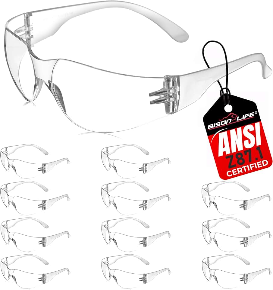 BISON LIFE Clear Safety Glasses for Men &amp; Women, ANSI Z87.1 Certified,12Pk | Scratch &amp; Impact Resistant Wraparound Safety Goggles, UV Protection Eyewear for Work, Construction, Lab, Industrial