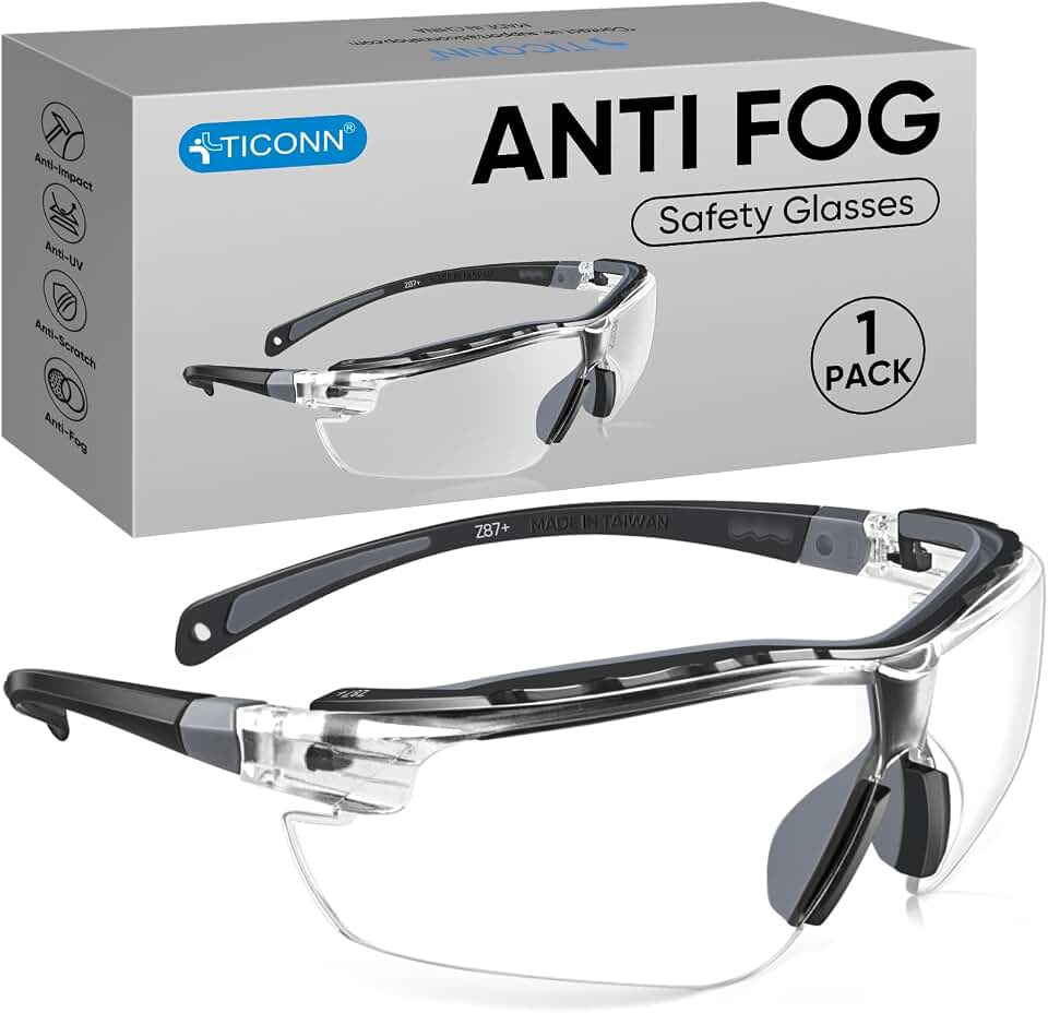 TICONN Anti-Fog Safety Glasses for Men &amp; Women, ANSI Z87.1 Eye Goggles | UV Eye Protection, Adjustable Arms, Lightweight Frame, Scratch-Resistant Lenses, Perfect for Construction, Cycling