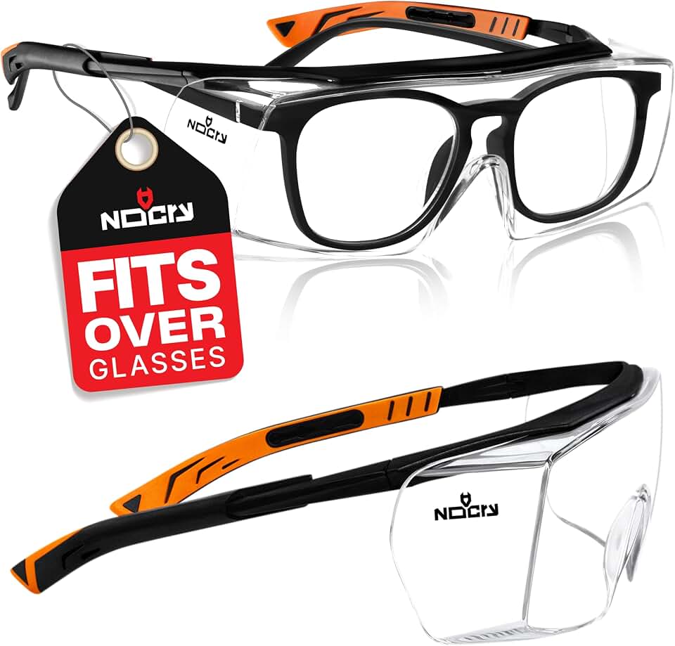 NoCry Safety Glasses Over Eyeglasses for Men and Women with Anti Scratch Lenses and Integrated Side Shields — Adjustable Temples with Anti-Slip Tips — 100% UV Protective Eyewear — ANSI Z87 Certified