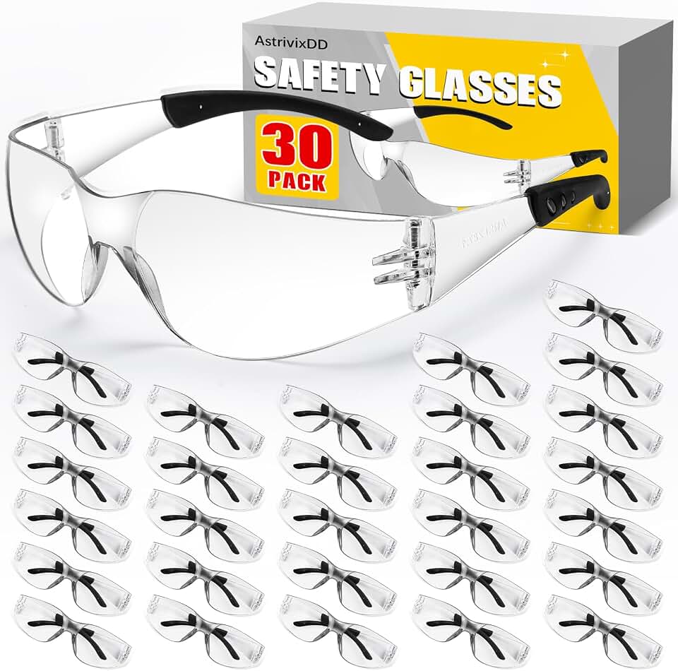30 Pack Clear Safety Glasses for Men Women,Scratch &amp; Impact Resistant | Safety Glasses Bulk,Clear Eye Protection Glasses with Wrap-Around Lenses for Work, Lab, Construction, Lightweight