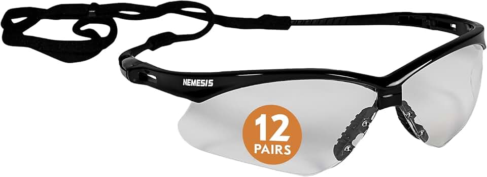KLEENGUARD Ansell V30 Nemesis Clear Lenses Safety Glasses | Black Frame, unisex safety glasses with Flex-Dry nose pad &amp; Z87+ impact rating, 12 pairs