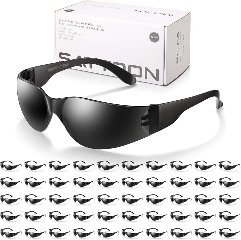50 Pack of Tinted Safety Glasses, Scratch &amp; Impact Resistant Protective Eyewear, Dark Lenses for UV Protection, Safety Sunglasses for Construction, Outdoor Work &amp; Shooting