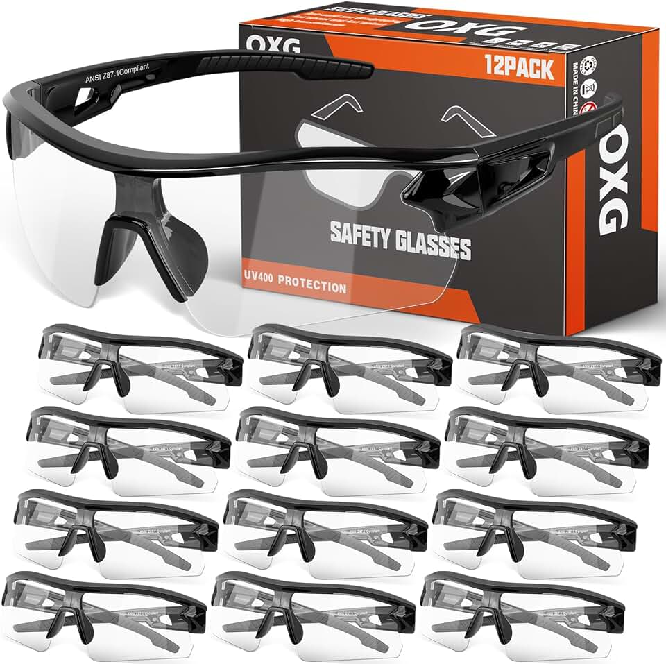 OXG 12 Pack Safety Glasses for Men Women, ANSI Z87.1 Protective Eyewear | UV Protection Scratch Impact Resistant Lens Work Glasses for Construction