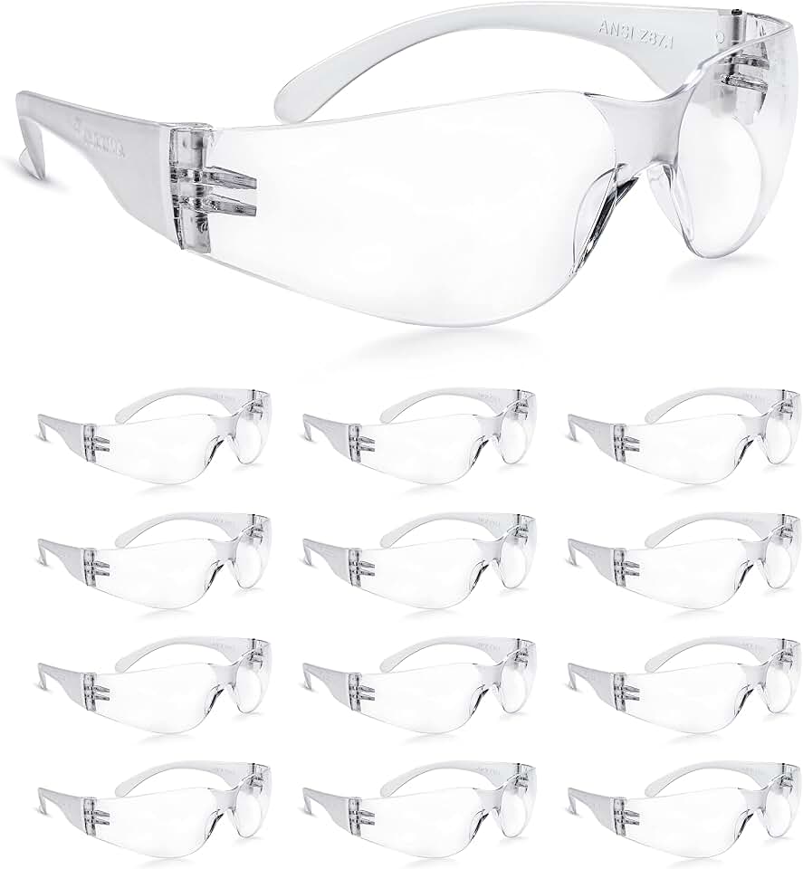 amoolo Clear Safety Glasses, ANSI Z87.1 Impact Resistant, 24 Pack, Adult | Wraparound Polycarbonate Eyewear with Anti-Scratch Coating, UV Protection, Lightweight, for Industrial Work, Laboratory