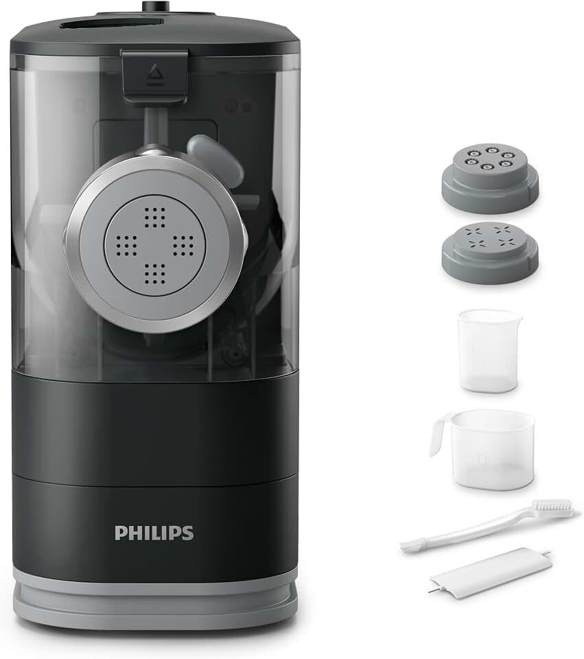 Philips Kitchen Appliances Compact Pasta and Noodle Maker, Viva Collection, Comes with 3 Default Classic Pasta Shaping Discs, Fully Automatic, Recipe Book, Small, Black (HR2371/05)