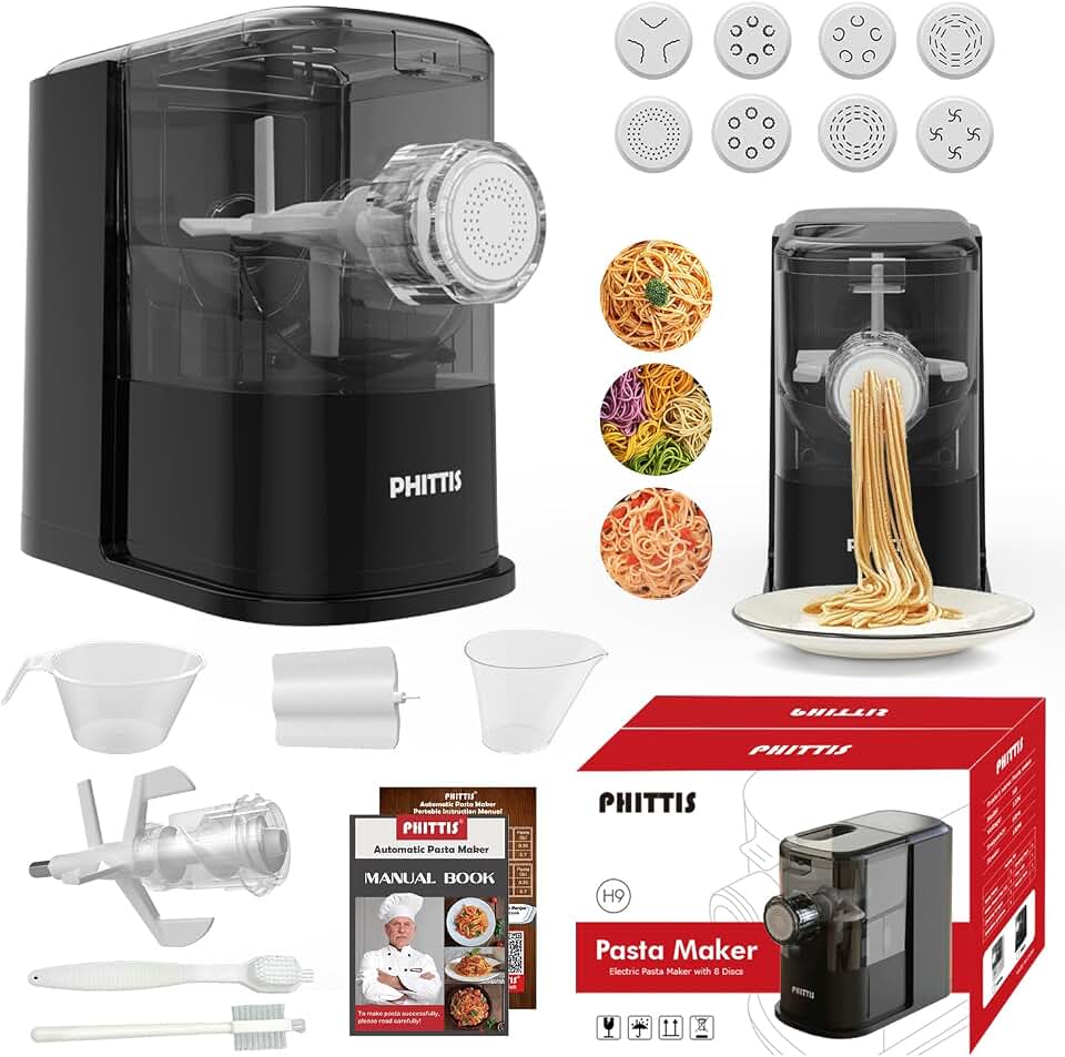 Electric Pasta Machine, Automatic Pasta Maker Machine Electric with 8 Discs for Spaghetti &amp; Fettucine and More, Easy-to-Clean Noodle Maker with Measuring Cup, Cleaning Scraper, Recipe, Black