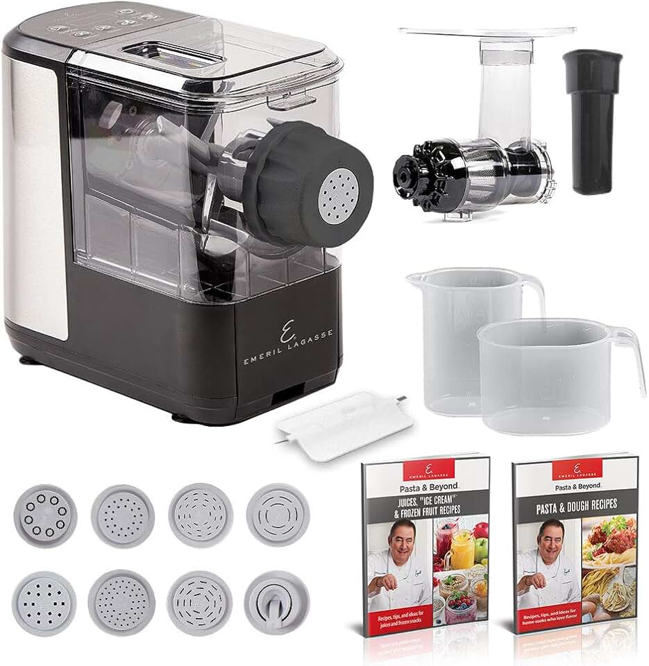 Emeril Everyday Lagasse Pasta &amp; Beyond, Automatic Pasta and Noodle Maker with Slow Juicer - 8 Pasta Shaping Discs Black (Standard with Juice/Frozen Treat Attachment)