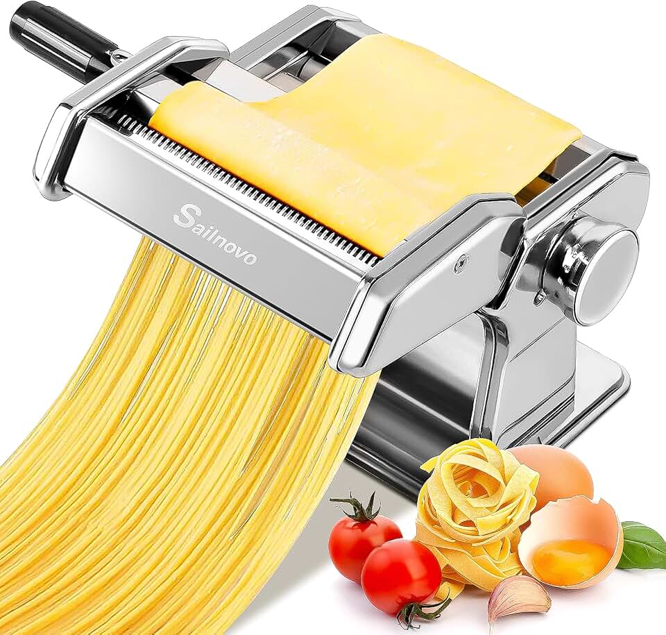 Sailnovo 3-in-1 Pasta Maker with 9-Setting Pasta Roller &amp; Cutters, Silver | 9 Thickness &amp; 2 Width Settings| Stainless Steel Body Rust Resistant| Easy Clean| For Spaghetti, Fettuccine, Lasagna and More