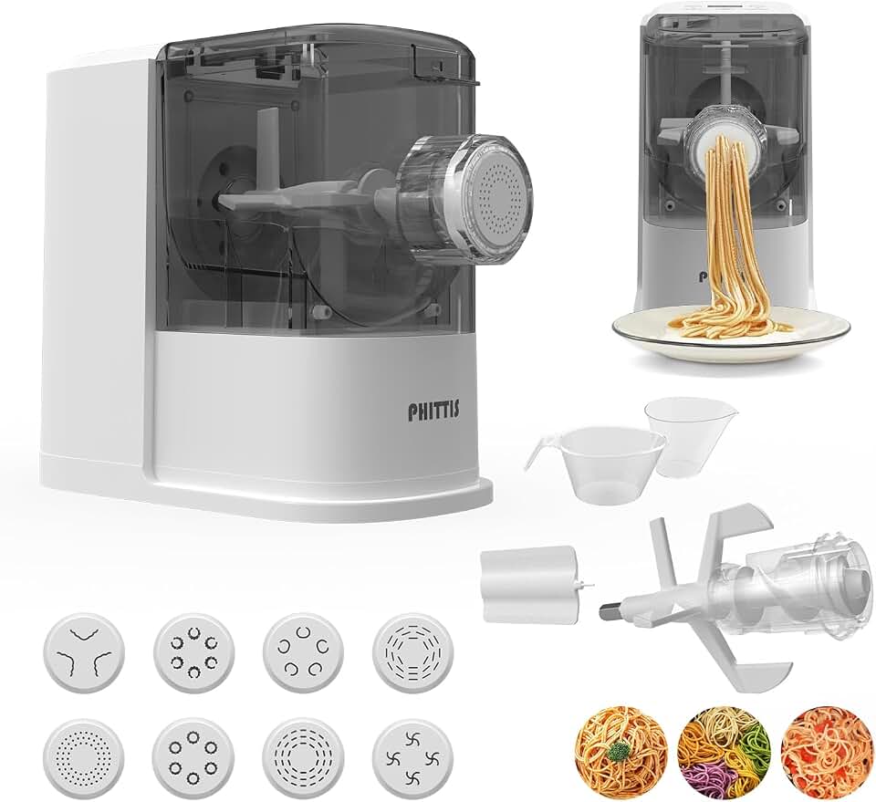 Electric Pasta Machine, Automatic Pasta Maker Machine Electric with 8 Discs for Spaghetti &amp; Fettucine and More, Easy-to-Clean Noodle Maker with Measuring Cup, Cleaning Scraper, Recipe, White